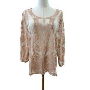 Women's Large Embroidered Blush Pink Lace Metallic Sheer Overlay Casual Blouse